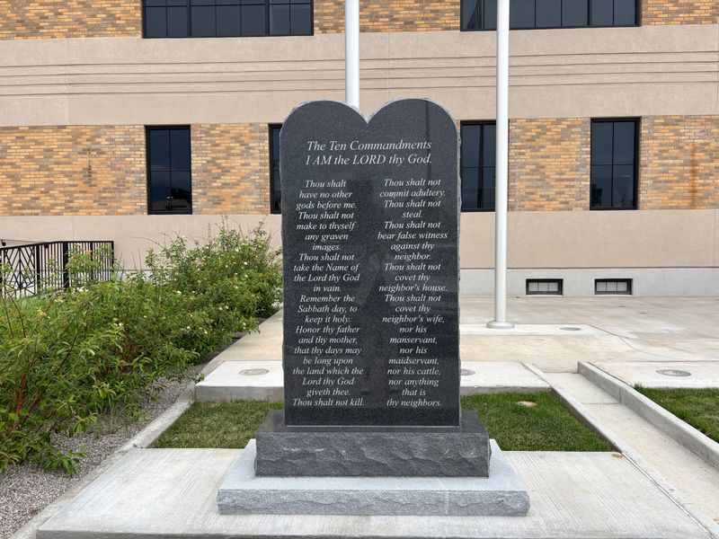 A statue of the Ten Commandments is seen outside Amarillo City Hall in June.