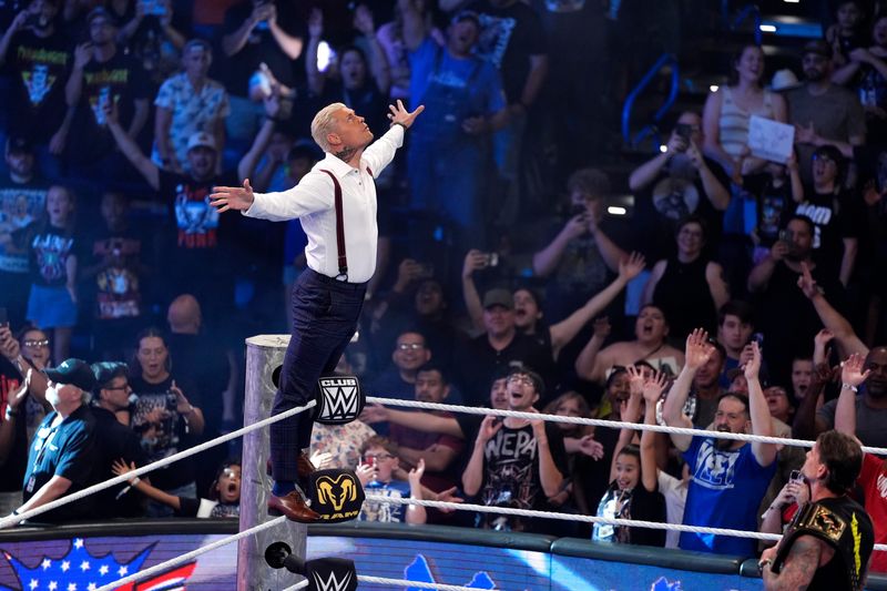 Cody Rhodes stands on the ropes after he was introduced during WWE Friday Night SmackDown at Paycom Center in Oklahoma City, Friday, July 10, 2026.