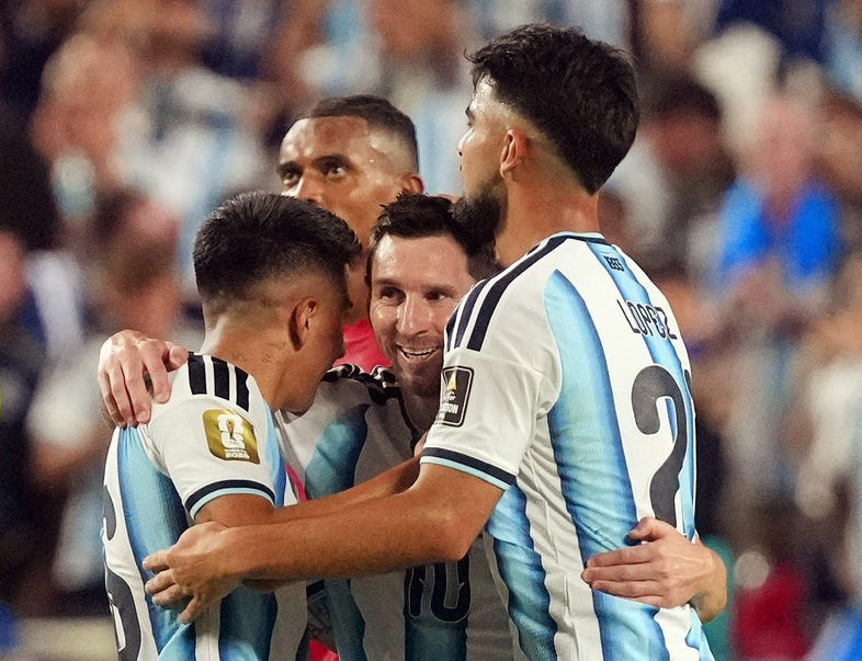 July 11, 2026; Kansas City, Missouri, U.S.; Argentina's Lionel Messi celebrates after the match with Jose Manuel Lopez.  Mandatory Credit: Jay Biggerstaff-Imagn Images