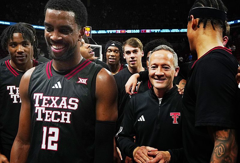 Texas Tech Red Raiders men's basketball head coach Grant McCasland celebrates with team after winning 82073 over Iowa State in the Big-12 conference menâ€™s basketball showdown on Feb. 28, 2026, at Hilton Coliseum in Ames, Iowa.