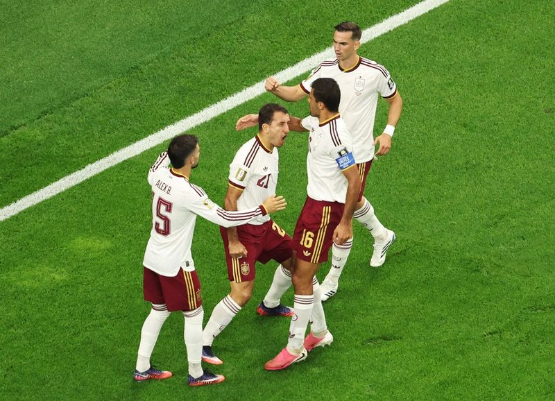 Spain's Mikel Oyarzabal celebrates scoring the first goal of the 2026 World Cup semifinal.