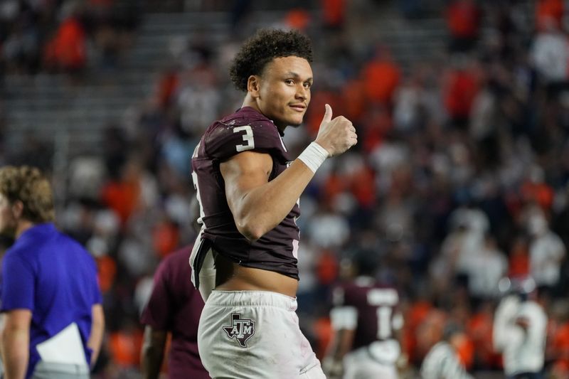 Aug 30, 2025; College Station, Texas, USA; Texas A&M Aggies safety Marcus Ratcliffe (3) gestures after defeating the UTSA Roadrunners at Kyle Field. Mandatory Credit: Sean Thomas-Imagn Images