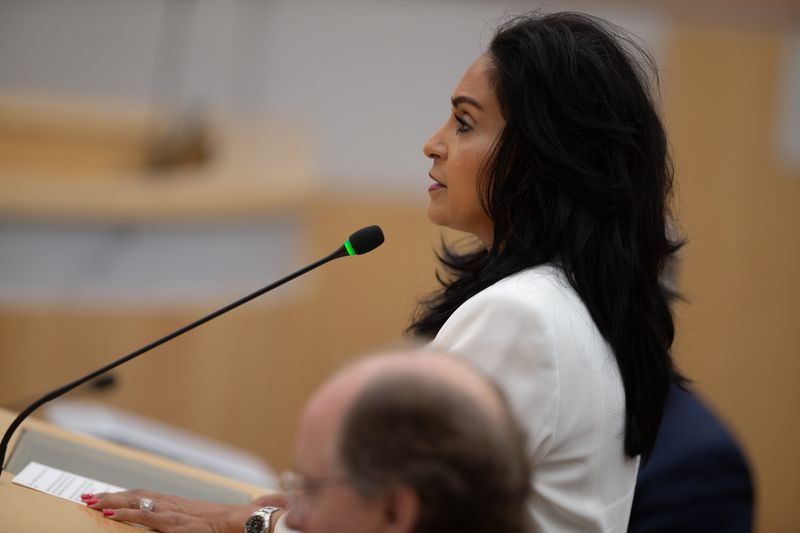 Corpus Christi Mayor Paulette Guajardo speaks to City Council members in her opening statement during a hearing for her removal proceedings at City Hall in Corpus Christi, Texas, on July 22, 2026.