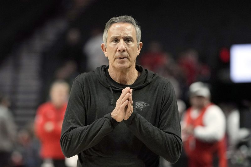 Mar 6, 2024; Portland, Oregon, USA; Oklahoma City Thunder assistant coach Chip Engelland looks on before the game against the Portland Trail Blazers at Moda Center. Mandatory Credit: Soobum Im-USA TODAY Sports