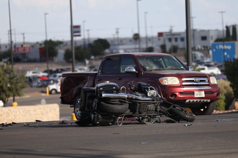 El Paso police investigate a serious collision involving a motorcycle and a pickup truck on Zaragoza Road in far East El Paso on the evening of July 22, 2026.