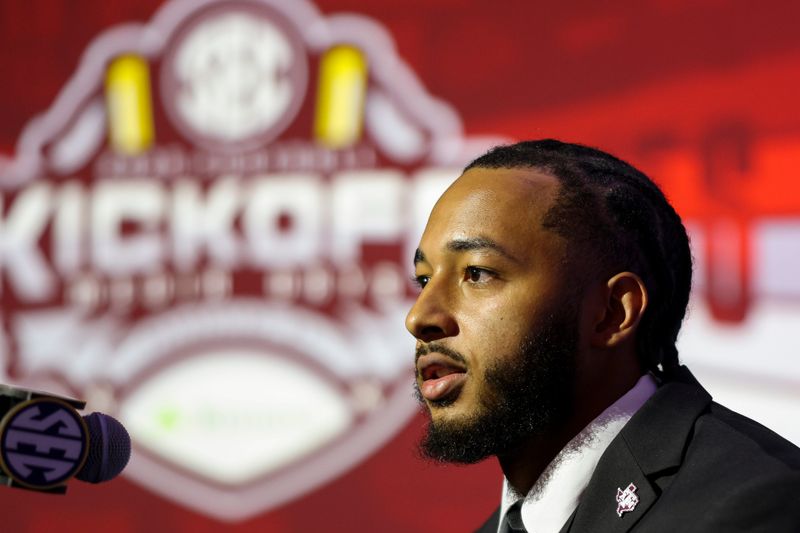 Jul 22, 2026; Tampa, FL, USA; Texas A&M Aggies linebacker Daymion Sanford (27) speaks to the press during SEC Football Kickoff Media Day at the Tampa Marriott. Mandatory Credit: Nathan Ray Seebeck-Imagn Images