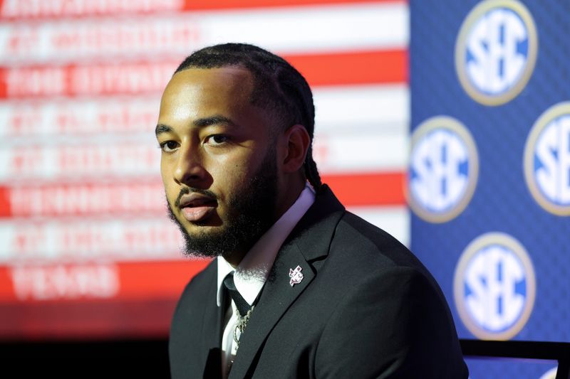 Jul 22, 2026; Tampa, FL, USA; Texas A&M Aggies linebacker Daymion Sanford (27) speaks to the press during SEC Football Kickoff Media Day at the Tampa Marriott. Mandatory Credit: Nathan Ray Seebeck-Imagn Images