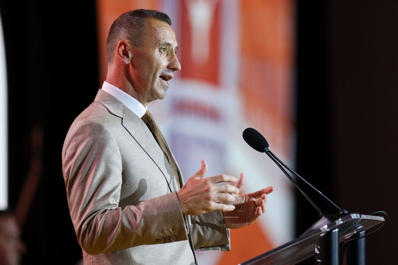 Jul 23, 2026; Tampa, FL, USA; Texas Longhorns head coach Steve Sarkisian speaks to the press during SEC Football Kickoff Media Day at the Tampa Marriott. Mandatory Credit: Nathan Ray Seebeck-Imagn Images