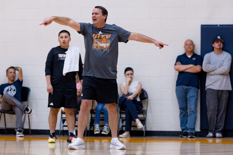 UTEP head men's basketball coach Joe Golding guides his team during an open practice Thursday, July 23, 2026, at the Foster Stevens Basketball Center on the UTEP campus in El Paso, Texas.