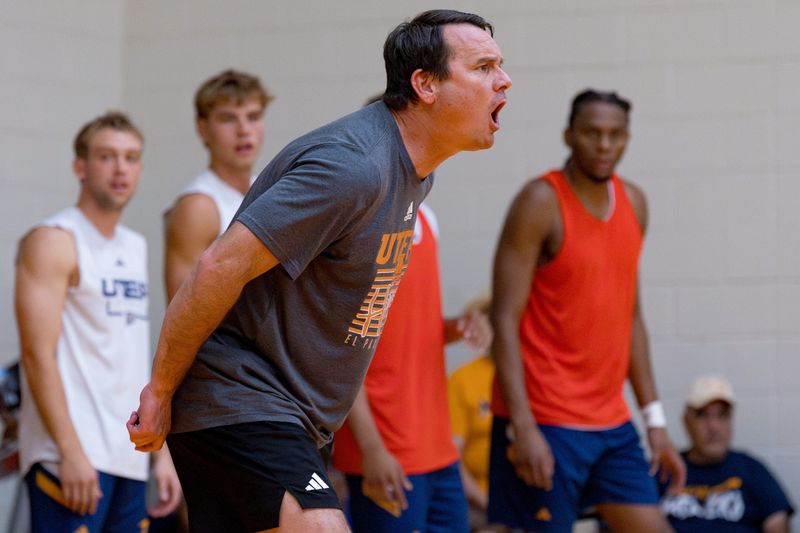 UTEP head men's basketball coach Joe Golding guides his team during an open practice Thursday, July 23, 2026, at the Foster Stevens Basketball Center on the UTEP campus in El Paso, Texas.
