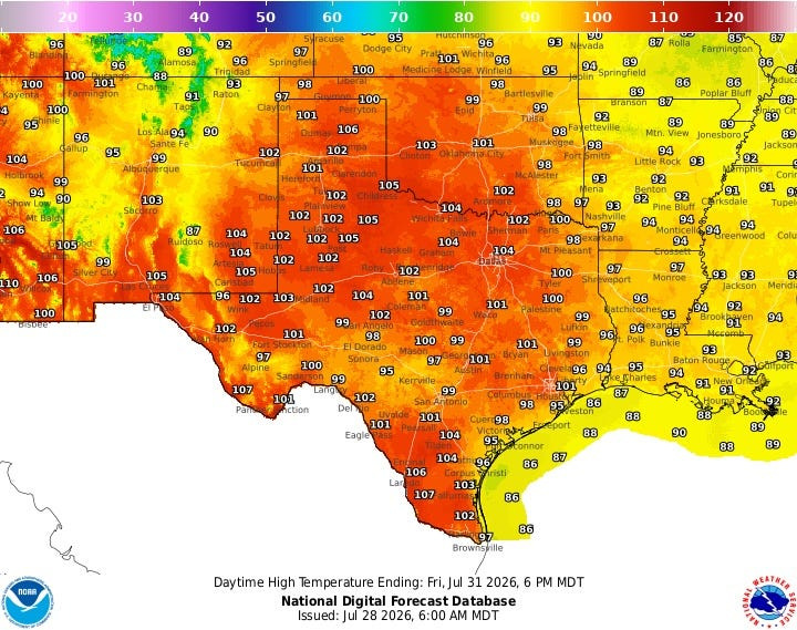 National Graphical forecast map shows how hot temperatures will get across Texas on Friday, July 31, 2026, which is set to record the highest temperatures of the week.