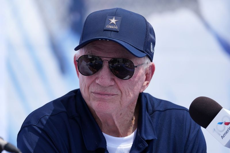 Jul 28, 2026; Oxnard, CA, USA; Dallas Cowboys owner Jerry Jones at training camp opening press conference at River Ridge Playing Fields. Mandatory Credit: Kirby Lee-Imagn Images