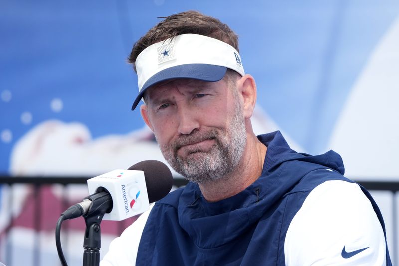 Jul 29, 2026; Oxnard, CA, USA; Dallas Cowboys Cowboys coach Brian Schottenheimer at training camp press conference at River Ridge Playing Fields. Mandatory Credit: Kirby Lee-Imagn Images