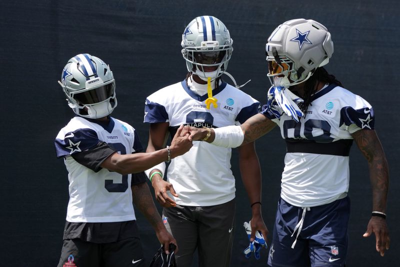 Jul 29, 2026; Oxnard, CA, USA; Dallas Cowboys receivers Kavontae Turpin (9), George Pickens (3) and CeeDee Lamb (88) at training camp at River Ridge Playing Fields. Mandatory Credit: Kirby Lee-Imagn Images