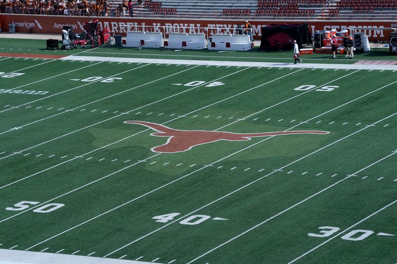 Nov 22, 2025; Austin, Texas, USA; View of the Texas Longhorns logo at midfield before a game against the Arkansas Razorbacks at Darrell K Royal-Texas Memorial Stadium. Mandatory Credit: Scott Wachter-Imagn Images