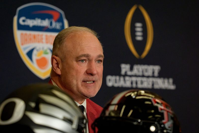 Texas Tech head coach Joey McGuire speaks during the head coaches press conference ahead of Orange Bowl on Dec. 30, 2025, in Dania Beach, Florida.