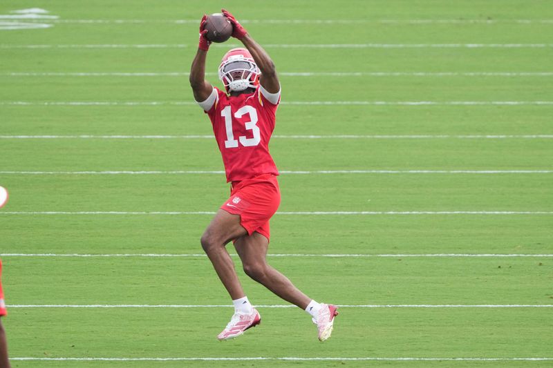 Jul 29, 2026; St. Joseph, MO, USA; Kansas City Chiefs wide receiver Cyrus Allen (13) catches a pass during training camp at Missouri Western State University. Mandatory Credit: Denny Medley-Imagn Images