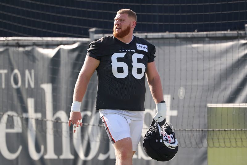 Jul 30, 2026; Houston, Texas, USA;  Houston Texans center Keylan Rutledge (66) during training camp at Houston Methodist Training Center. Mandatory Credit: Troy Taormina-Imagn Images