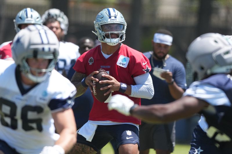 Aug 1, 2026; Oxnard, CA, USA; Dallas Cowboys quartergback Dak Prescott (4) throws the ball at training camp at River Ridge Playing Fields. Mandatory Credit: Kirby Lee-Imagn Images