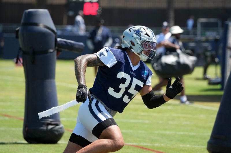 Aug 1, 2026; Oxnard, CA, USA; Dallas Cowboys linebacker Marist Liufau (35) at training camp at River Ridge Playing Fields. Mandatory Credit: Kirby Lee-Imagn Images