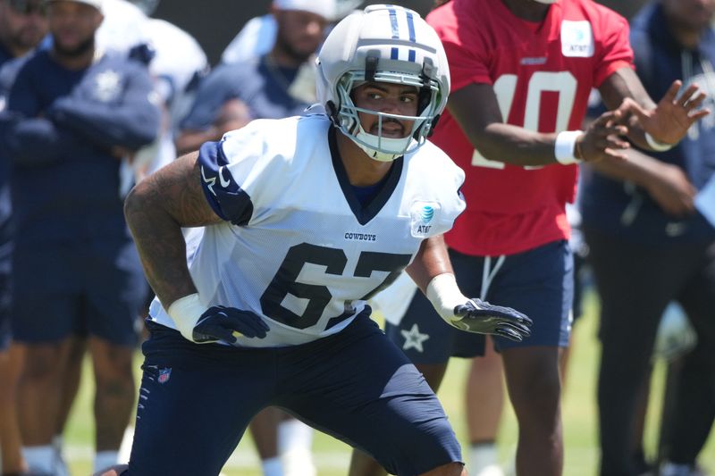 Aug 1, 2026; Oxnard, CA, USA; Dallas Cowboys tackle Drew Shelton (67) at training camp at River Ridge Playing Fields. Mandatory Credit: Kirby Lee-Imagn Images