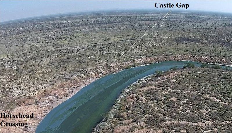 This undated image shows an aerial view of Horsehead Crossing and Castle Gap where the cattle herd stampeded for water.