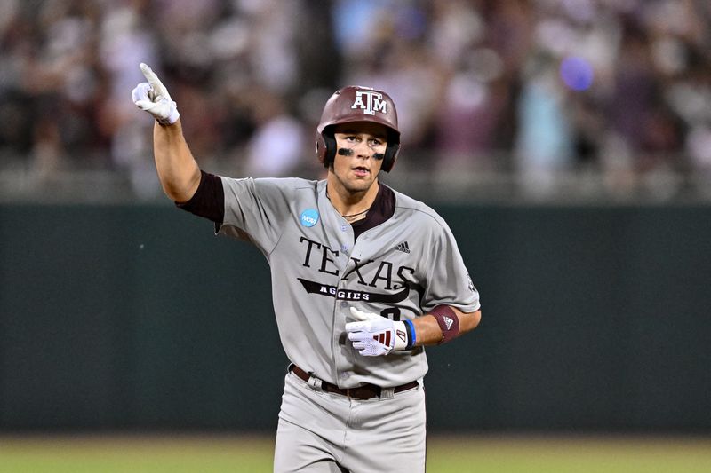Jun 9, 2024; College Station, TX, USA; Texas A&M infielder Kaeden Kent (3) hits a grand slam in the top of the seventh inning against Oregon at Olsen Field, Blue Bell Park Mandatory Credit: Maria Lysaker-USA TODAY Sports