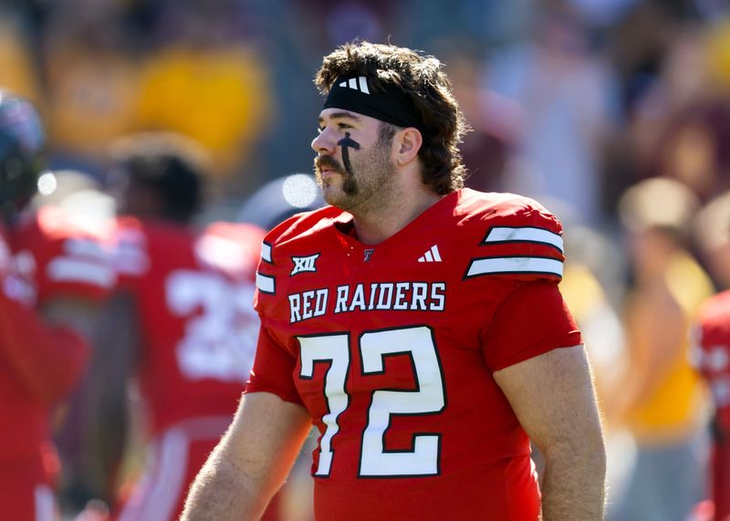 Oct 18, 2025; Tempe, Arizona, USA; Texas Tech Red Raiders offensive lineman Sheridan Wilson (72) against the Arizona State Sun Devils at Mountain America Stadium. Mandatory Credit: Mark J. Rebilas-Imagn Images