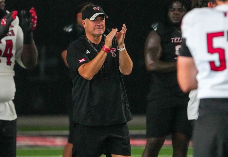 Texas Tech head coach Joey McGuire looks on during football practice, Wednesday, Aug. 5, 2026, at the Womble Football Center.