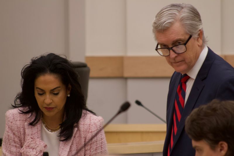 Corpus Christi Mayor Paulette Guajardo and her attorney, John Flood, prepare for the start of the fourth day of her removal proceedings at City Hall on Aug. 7.