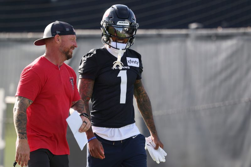 Jul 30, 2026; Houston, Texas, USA;  Houston Texans wide receiver Tank Dell (1) during training camp at Houston Methodist Training Center. Mandatory Credit: Troy Taormina-Imagn Images
