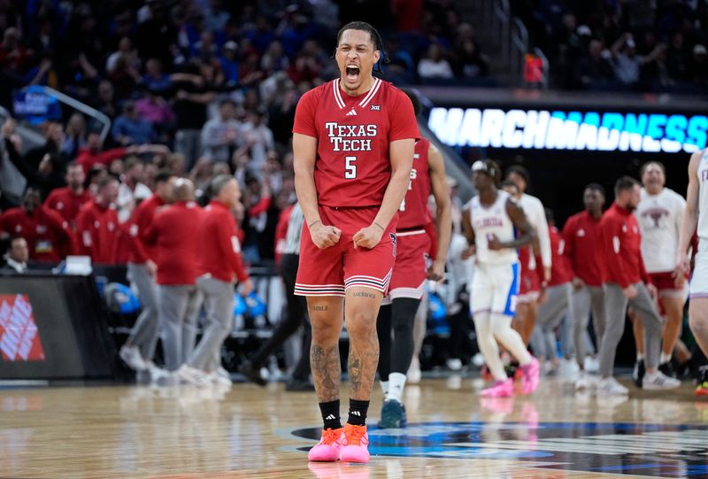 Mar 29, 2025; San Francisco, CA, USA; Texas Tech Red Raiders forward Darrion Williams (5) reacts during the second half against the Florida Gators during the West Regional final of the 2025 NCAA tournament at Chase Center. Mandatory Credit: Kyle Terada-Imagn Images