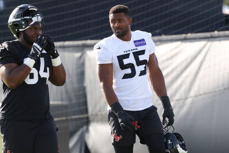Jul 30, 2026; Houston, Texas, USA;  Houston Texans defensive end Danielle Hunter (55) during training camp at Houston Methodist Training Center. Mandatory Credit: Troy Taormina-Imagn Images