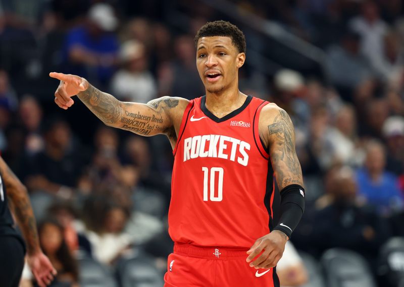Apr 7, 2026; Phoenix, Arizona, USA; Houston Rockets forward Jabari Smith Jr. (10) against the Phoenix Suns at Mortgage Matchup Center. Mandatory Credit: Mark J. Rebilas-Imagn Images