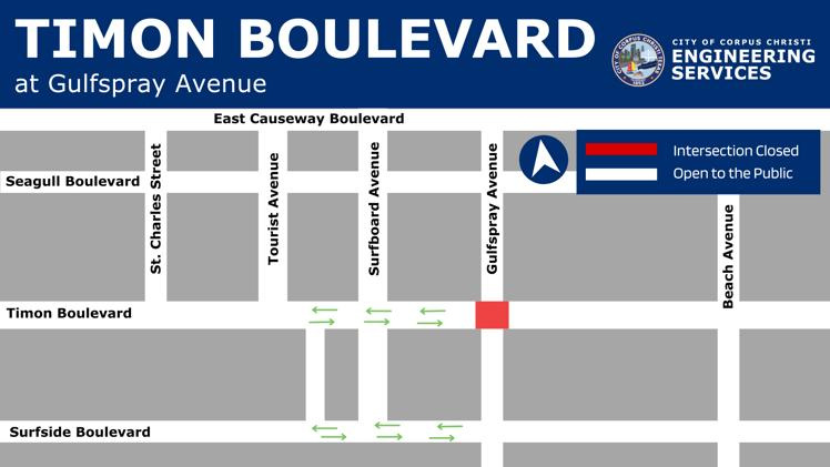 The intersection of Timon Boulevard and Gulfspray Avenue will be closed for two weeks starting Aug. 10, 2026, for construction.