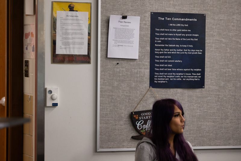 A poster of the Ten Commandments is displayed in a social studies classroom on the first day of school at Ray High School in Corpus Christi on Aug. 11.