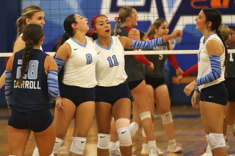 Carroll's Gysel Guerrero celebrates a point with her teammates during a non-district volleyball match against IWA at Carroll High School on Tuesday, Aug. 11, 2026. The Tigers won in four sets.