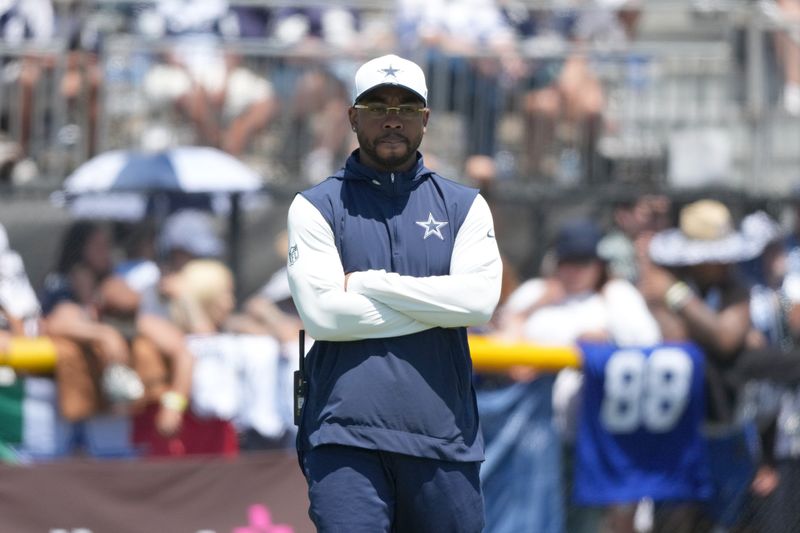 Aug 1, 2026; Oxnard, CA, USA; Dallas Cowboys defensive coordinator Christian Parker at training camp at River Ridge Playing Fields. Mandatory Credit: Kirby Lee-Imagn Images