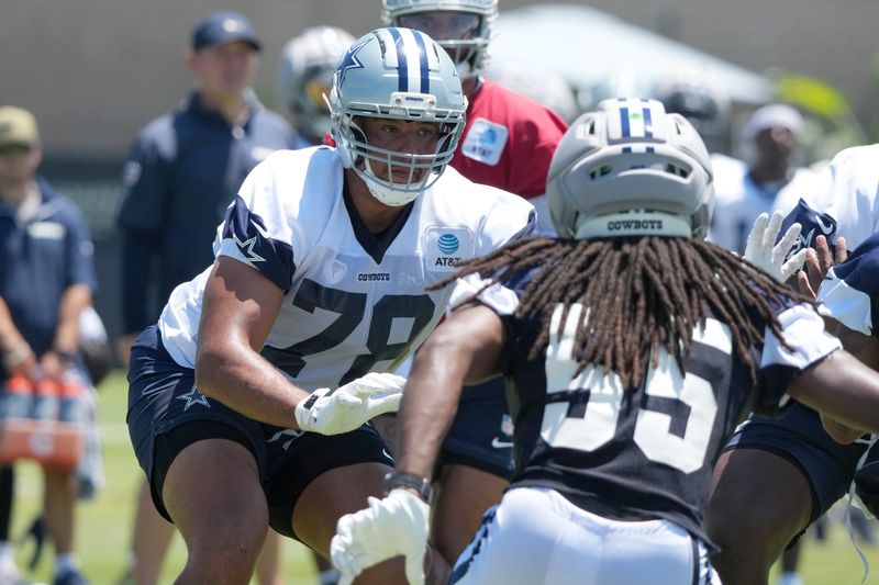 Aug 1, 2026; Oxnard, CA, USA; Dallas Cowboys offensive tackle Terence Steele (78) defends against linebacker Jaishawn Barham (55) at training camp at River Ridge Playing Fields. Mandatory Credit: Kirby Lee-Imagn Images
