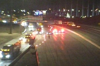 Traffic exits Interstate 10 East at Executive Center Boulevard after a pedestrian collision on the freeway near Porfirio Diaz Street near Downtown El Paso on the night of Aug. 13, 2026.