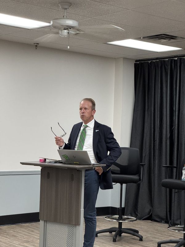 Andreas Eckstein, Executive Director of Amarillo Economic Development, welcomes Orginal Composites back to business celebration held at Owen's Corning, Original Composites, Aug. 13 after presenting a $10 million investment in the operation. Provided by Amarillo Economic Development/Original Composites