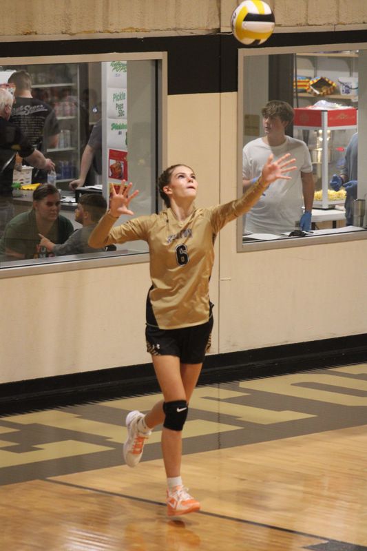 Kelton's McKinzi McManus serves during a volleyball match.
