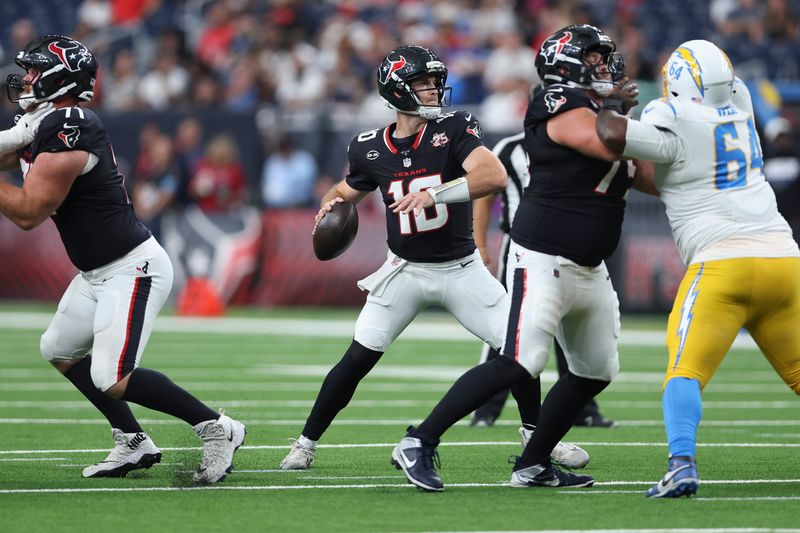 Aug 13, 2026; Houston, Texas, USA;  Houston Texans quarterback Davis Mills (10) attempts a pass during the game against the Los Angeles Chargers at Reliant Stadium. Mandatory Credit: Troy Taormina-Imagn Images