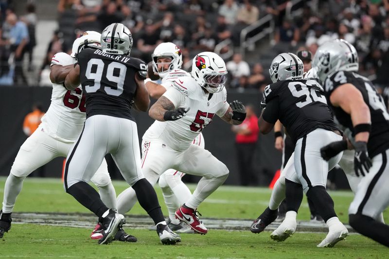 Aug 13, 2026; Paradise, Nevada, USA; Arizona Cardinals guard Chase Bisontis (57) against the Las Vegas Raiders in the first half at Allegiant Stadium. Mandatory Credit: Kirby Lee-Imagn Images