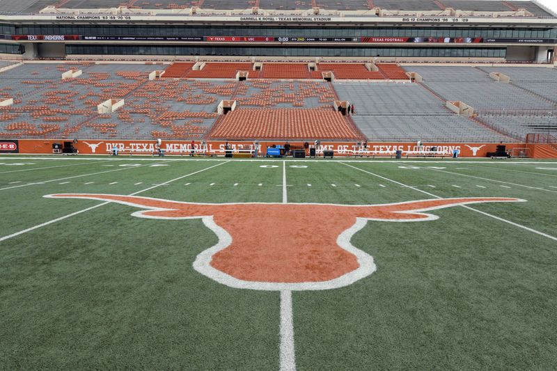 Sep 15, 2018; Austin, TX, USA; General overall view of the Texas Longhorns logo at midfield at Darrell K Royal-Texas Memorial Stadium. Mandatory Credit: Kirby Lee-USA TODAY Sports