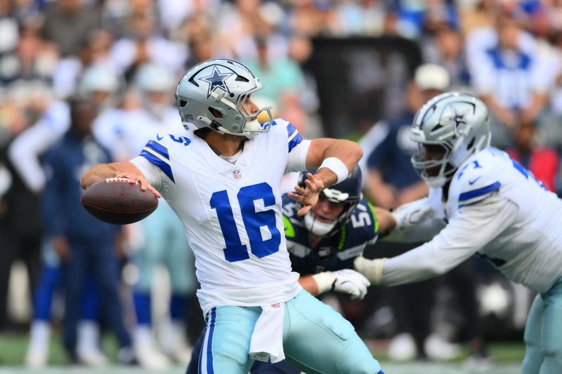 Aug 15, 2026; Seattle, Washington, USA; Dallas Cowboys quarterback Sam Howell (16) passes the ball against the Seattle Seahawks during the first half at Lumen Field. Mandatory Credit: Steven Bisig-Imagn Images