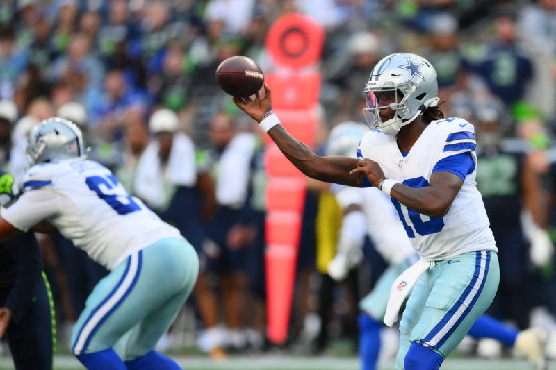Aug 15, 2026; Seattle, Washington, USA; Dallas Cowboys quarterback Joe Milton III (10) passes the ball against the Seattle Seahawks during the second half at Lumen Field. Mandatory Credit: Steven Bisig-Imagn Images