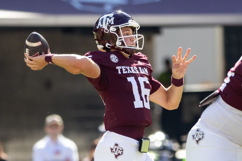Nov 22, 2025; College Station, Texas, USA; Texas A&M Aggies quarterback Miles O'Neill (16) attempts a pass in the first half of a game against the Samford Bulldogs at Kyle Field. Mandatory Credit: Joseph Buvid-Imagn Images