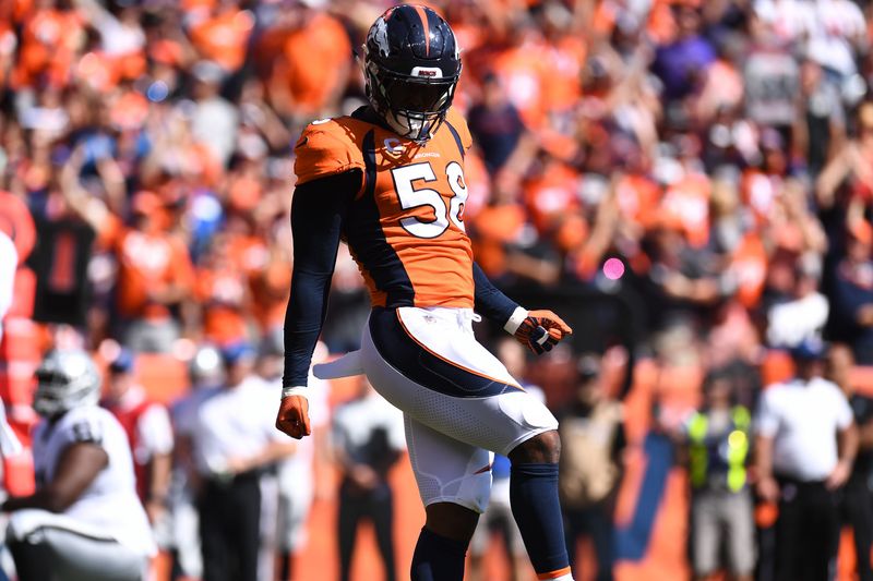 Sep 16, 2018; Denver, CO, USA; Denver Broncos linebacker Von Miller (58) celebrates his sack in the first quarter at Broncos Stadium at Mile High. Mandatory Credit: Ron Chenoy-USA TODAY Sports