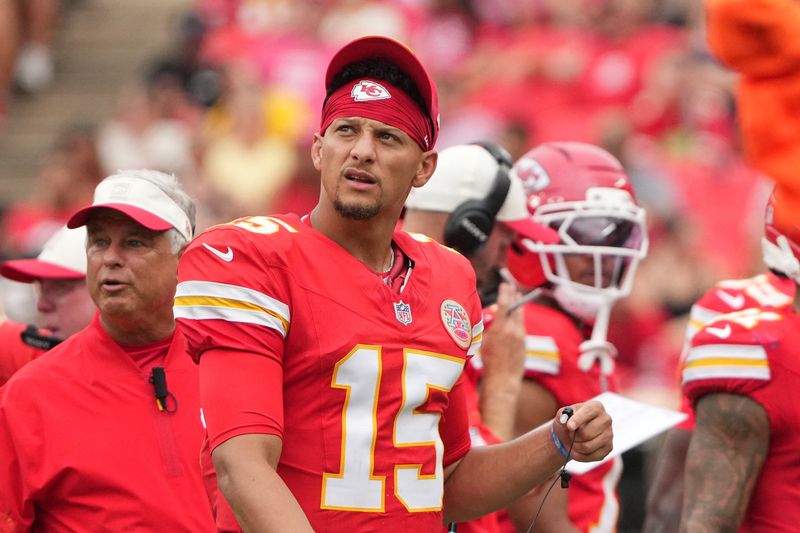Aug 15, 2026; Kansas City, Missouri, USA; Kansas City Chiefs quarterback Patrick Mahomes (15) on field against the Los Angeles Rams during the first half of the pre season game at Arrowhead Stadium. Mandatory Credit: Denny Medley-Imagn Images